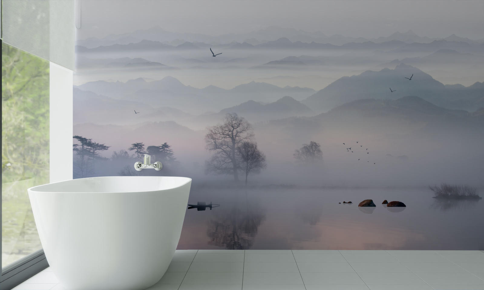 Fototapeten Morgennebel auf dem Wasser der Seen