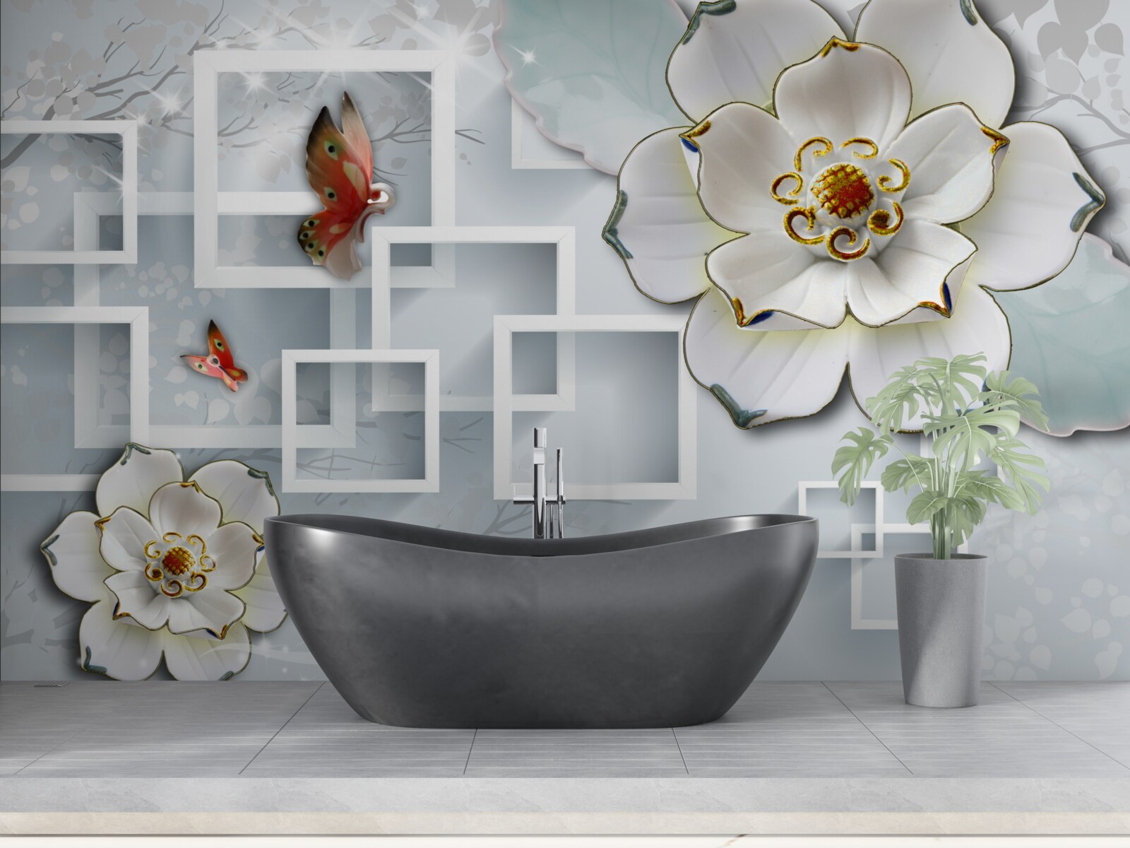 Fototapeten geometrische Formen und weißer Lotus