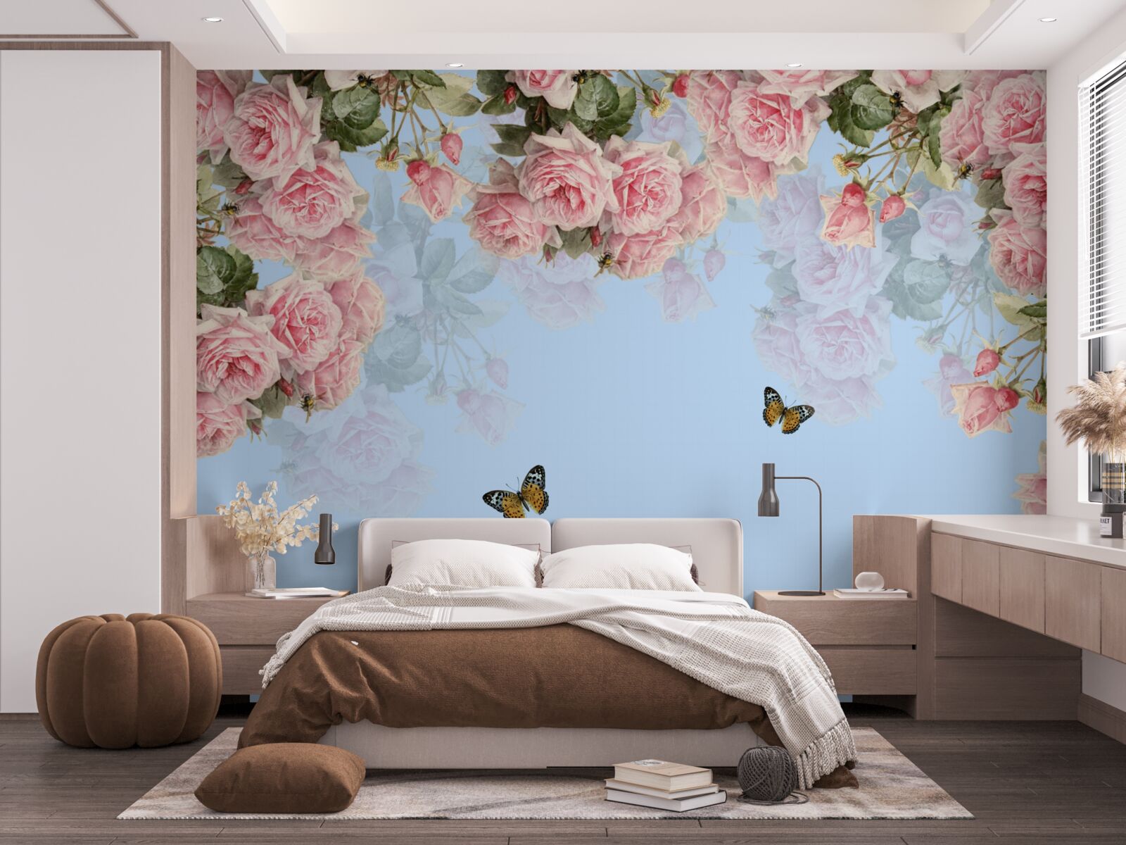 Fototapeten Es gibt rosa Rosen auf dem blauen Hintergrund