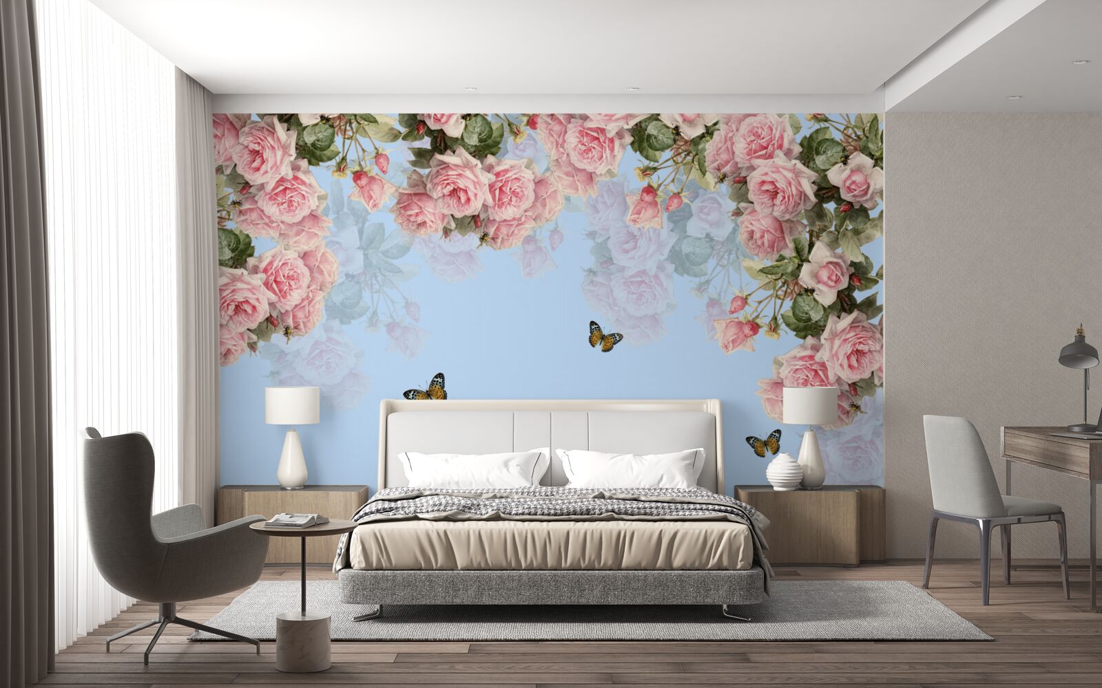 Fototapeten Es gibt rosa Rosen auf dem blauen Hintergrund