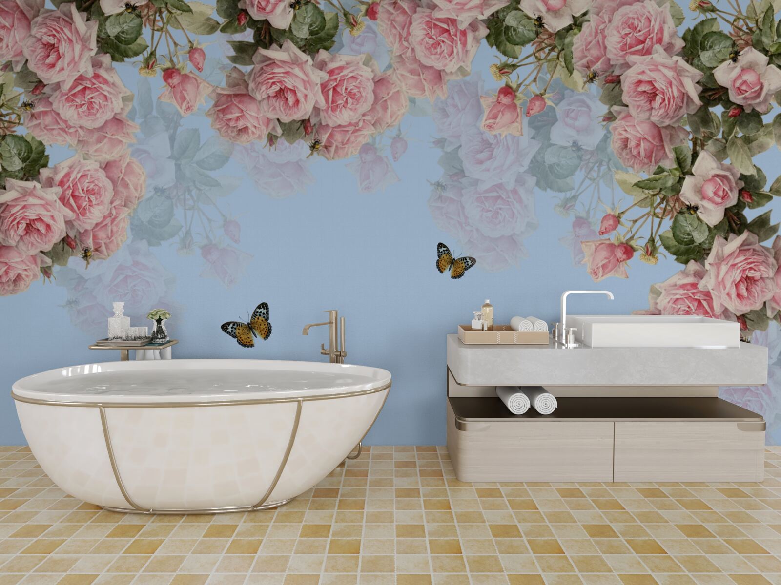 Fototapeten Es gibt rosa Rosen auf dem blauen Hintergrund