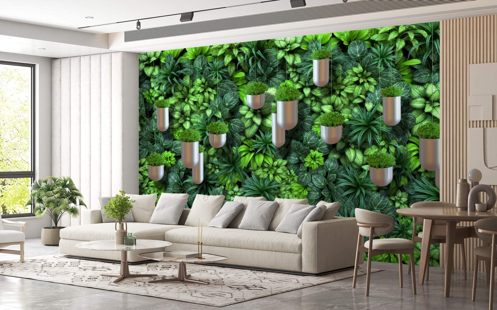 Fototapeten Phytowall mit Töpfen in Grüntönen