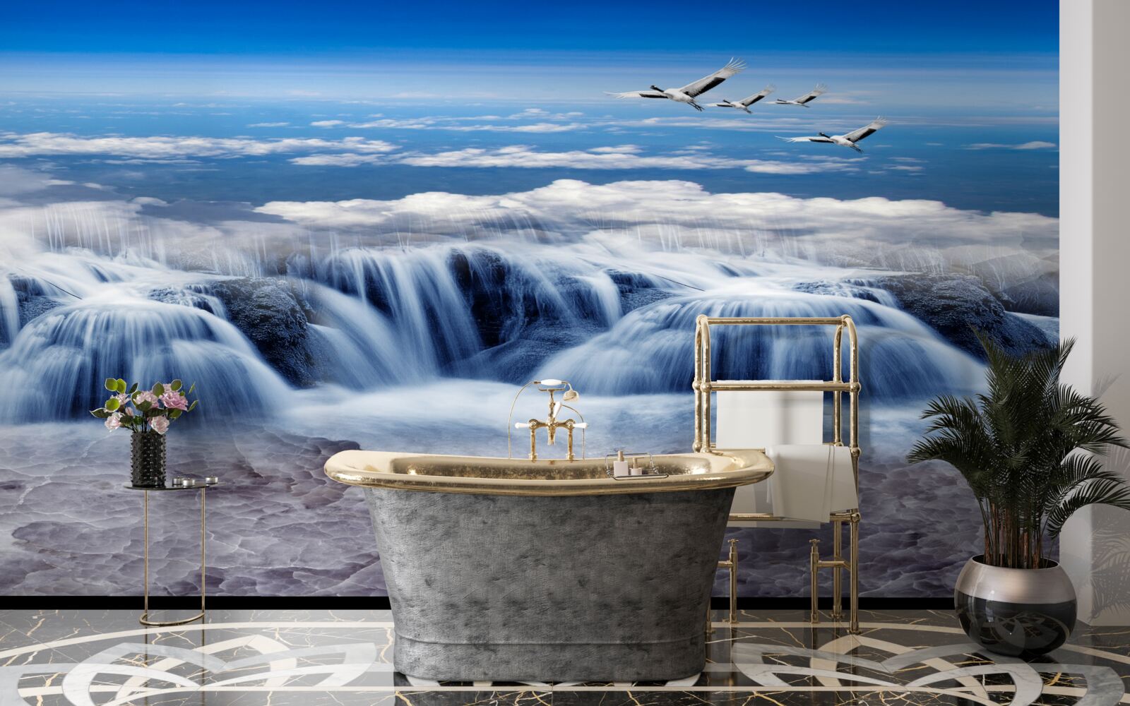 Fototapeten Ein Wasserfall, über den Vögel überfliegen