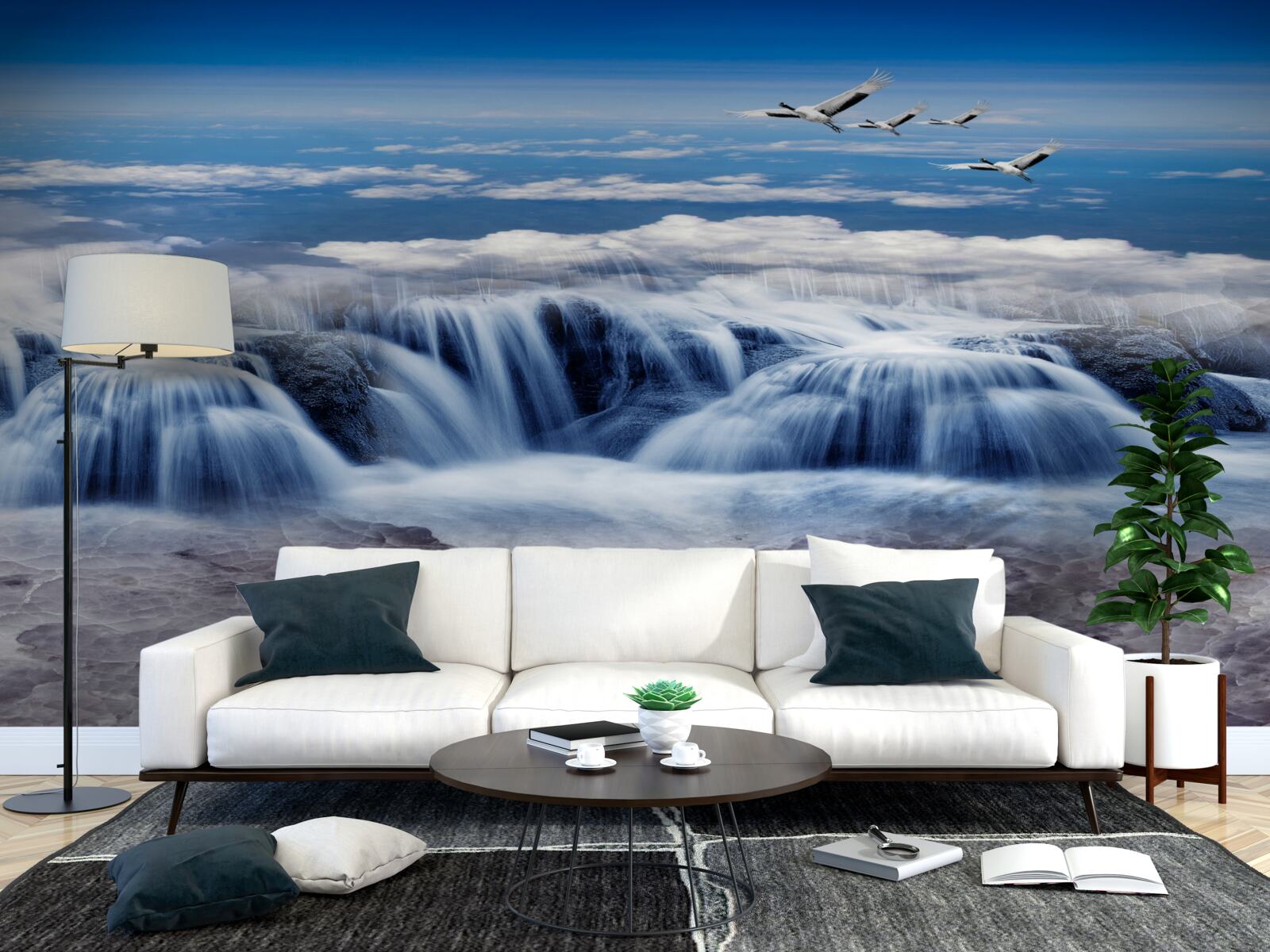 Fototapeten Ein Wasserfall, über den Vögel überfliegen