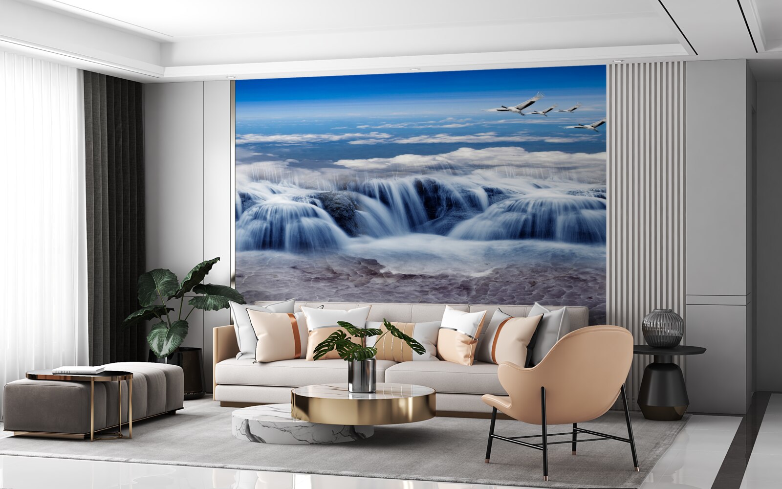 Fototapeten Ein Wasserfall, über den Vögel überfliegen