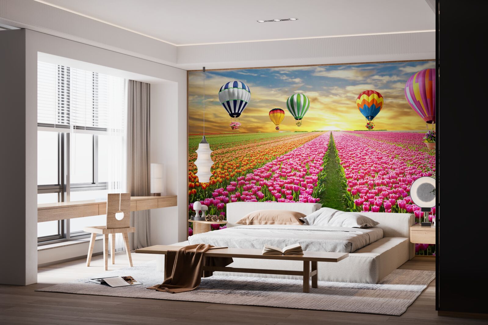 Fototapeten Kugeln, die über dem Feld der Tulpen steigen