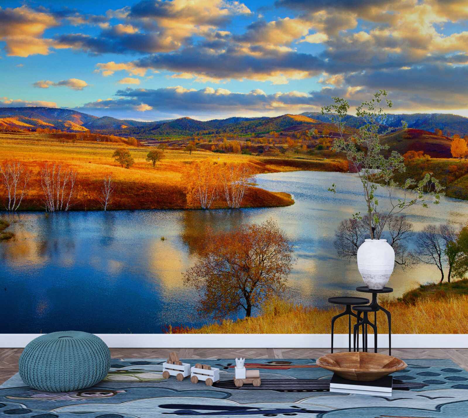 Fototapeten Landschaft mit einem See im Herbst