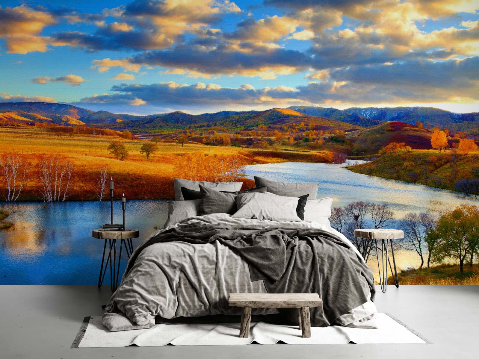 Fototapeten Landschaft mit einem See im Herbst