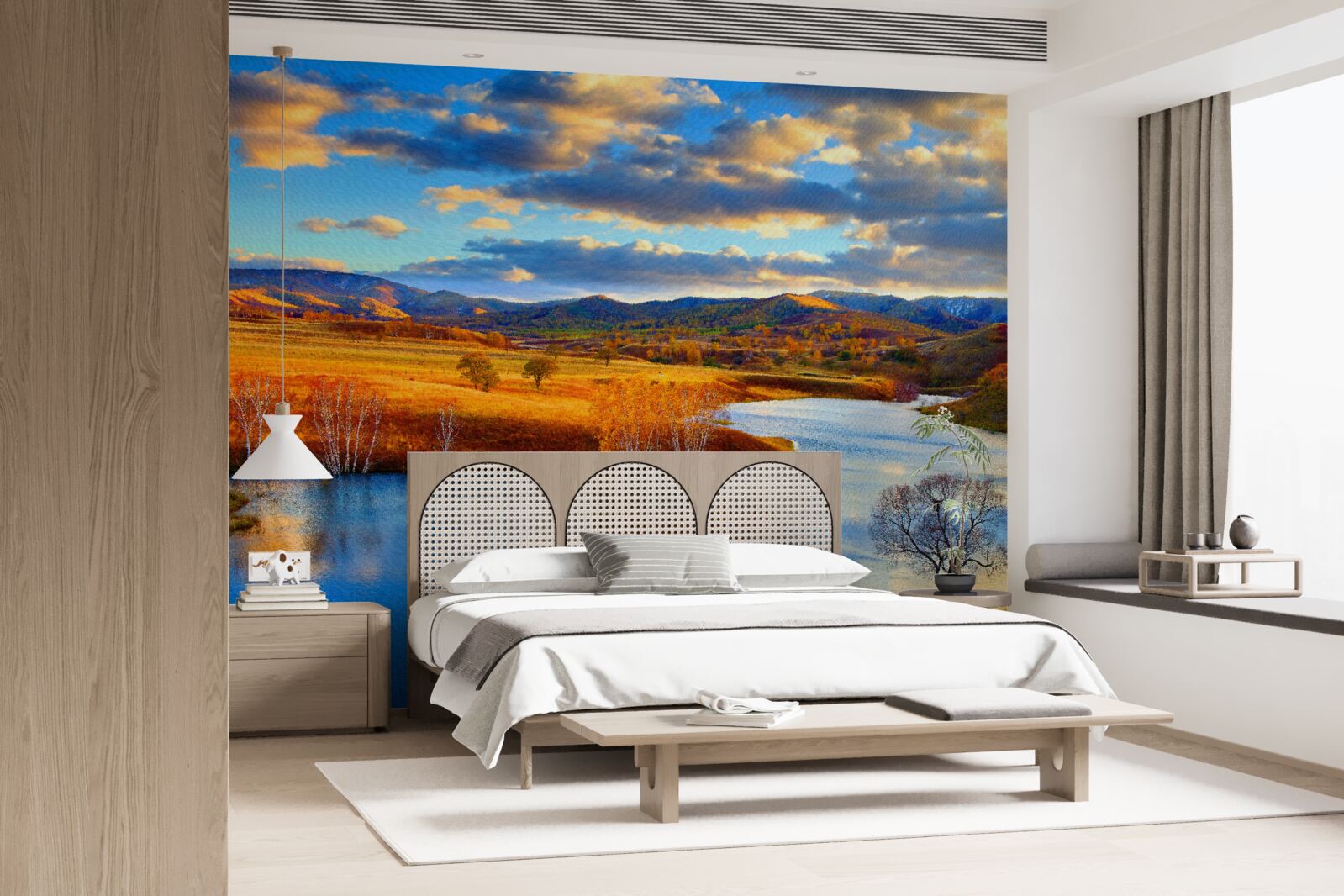 Fototapeten Landschaft mit einem See im Herbst