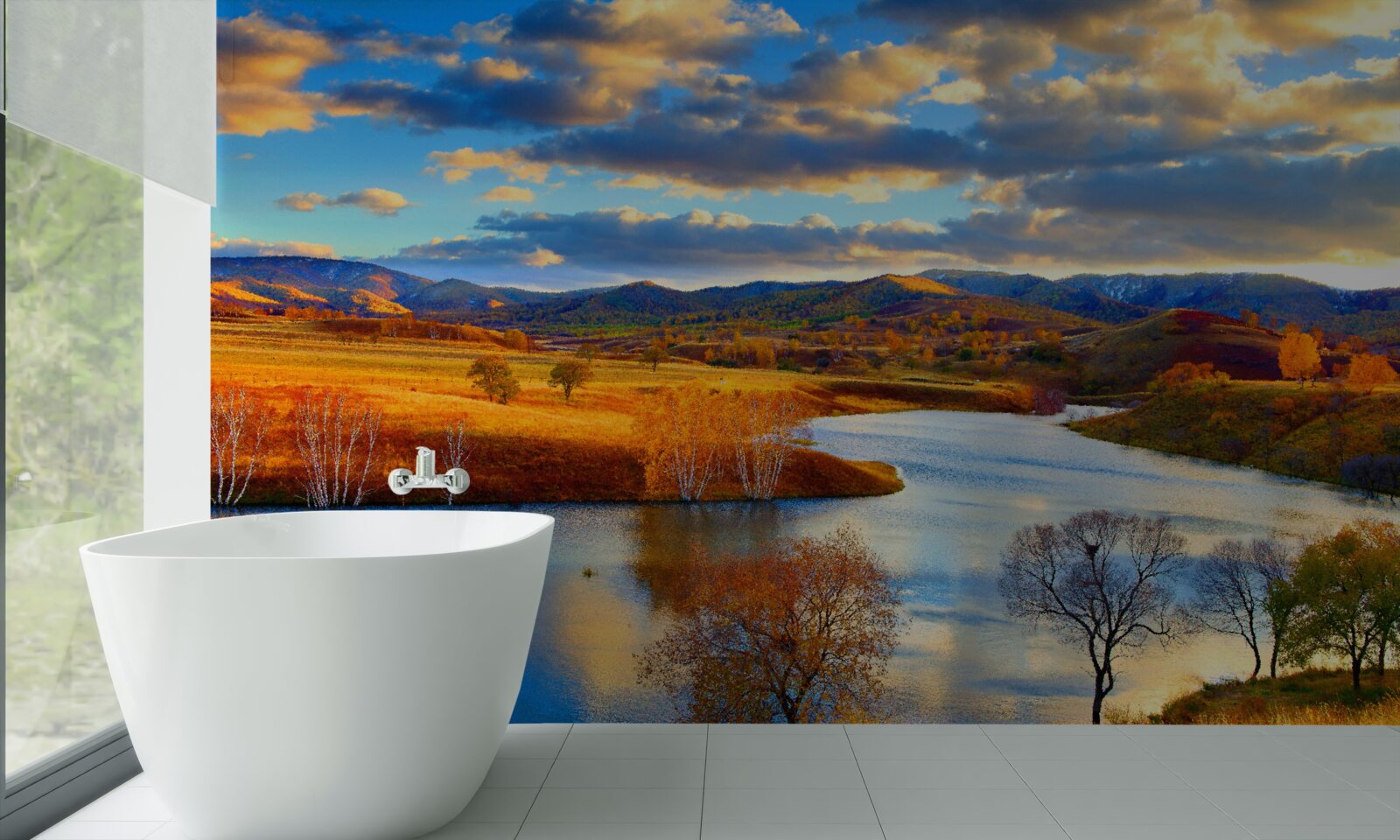 Fototapeten Landschaft mit einem See im Herbst