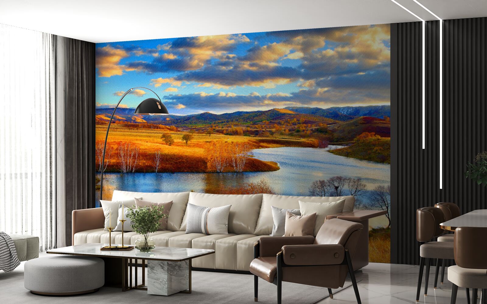 Fototapeten Landschaft mit einem See im Herbst