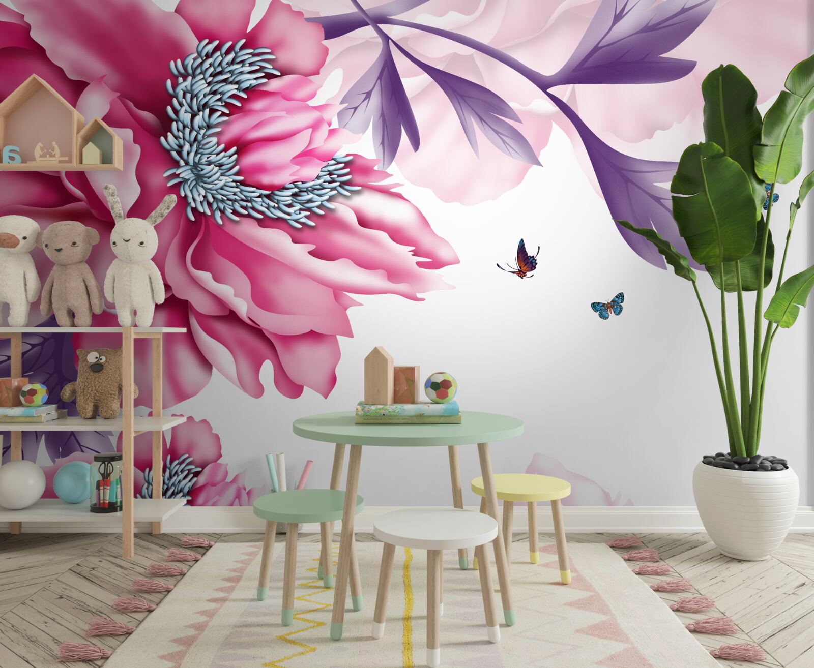 Fototapeten Schmetterlinge und rosa Blumen auf dem Hintergrund