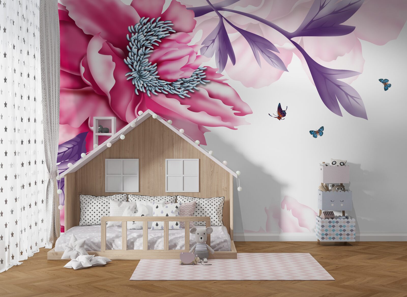 Fototapeten Schmetterlinge und rosa Blumen auf dem Hintergrund