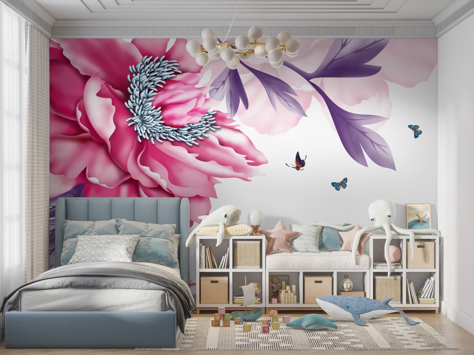 Fototapeten Schmetterlinge und rosa Blumen auf dem Hintergrund