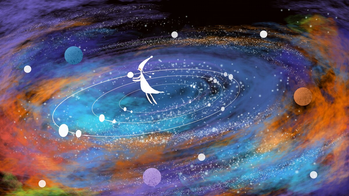 Fototapeten Ein Mädchen, das von Planeten umgeben ist