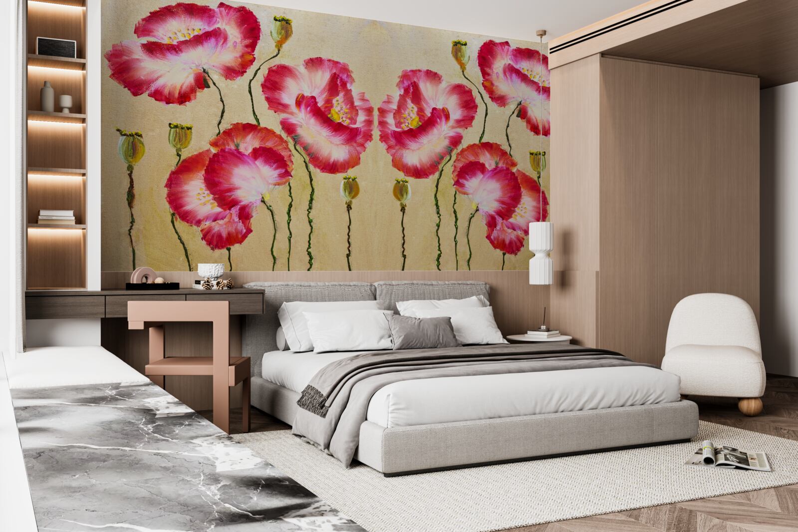 Fototapeten Mac -Knospen und Blumen in Rot- und Weißtönen