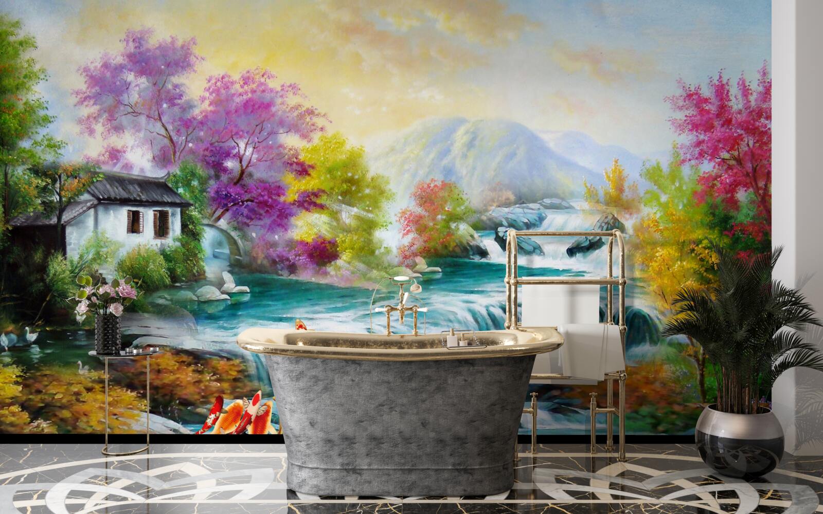 Fototapeten Ein Wasserfall donnert im Herbst zu Hause