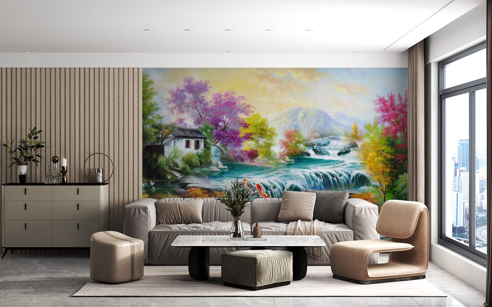 Fototapeten Ein Wasserfall donnert im Herbst zu Hause