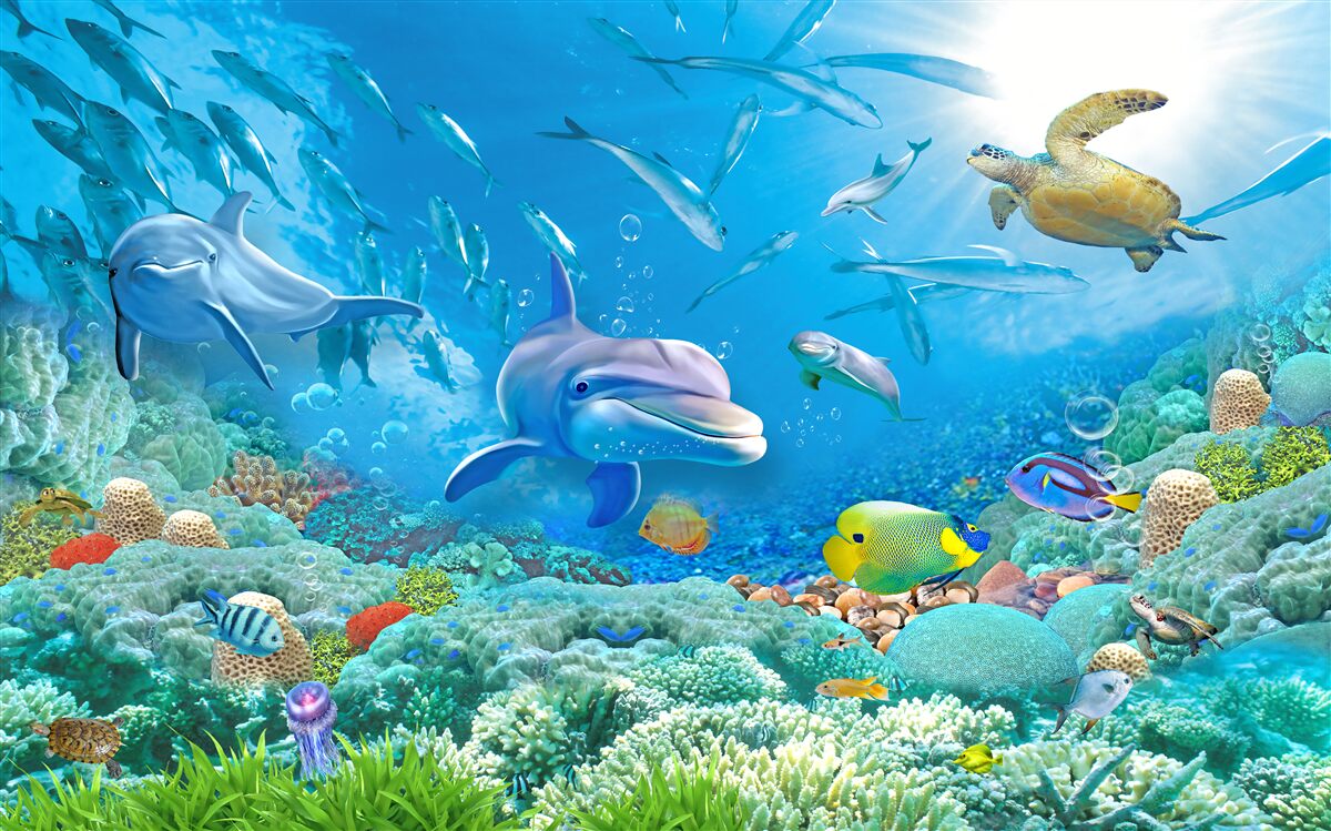 Fototapeten Maritime Königreich mit Fischen, Schildkröten und Delfinen