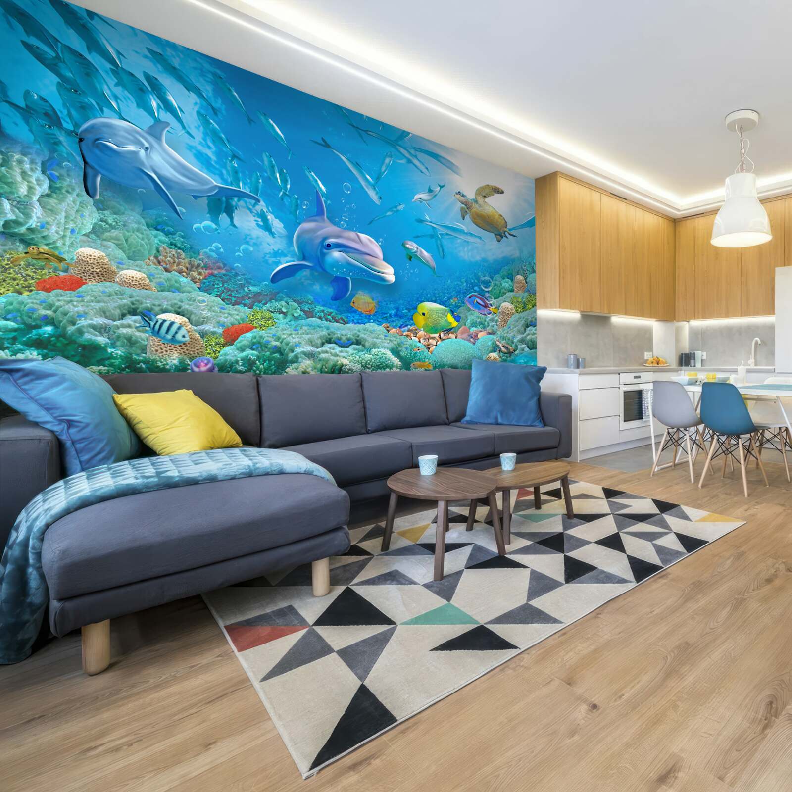 Fototapeten Maritime Königreich mit Fischen, Schildkröten und Delfinen