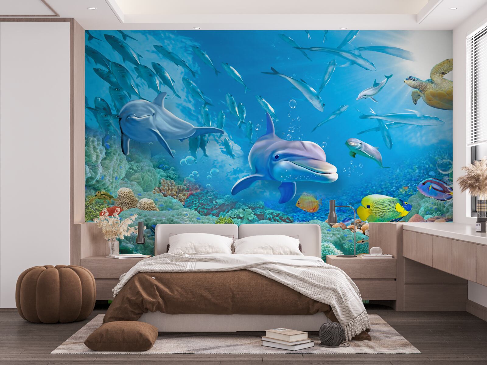 Fototapeten Maritime Königreich mit Fischen, Schildkröten und Delfinen