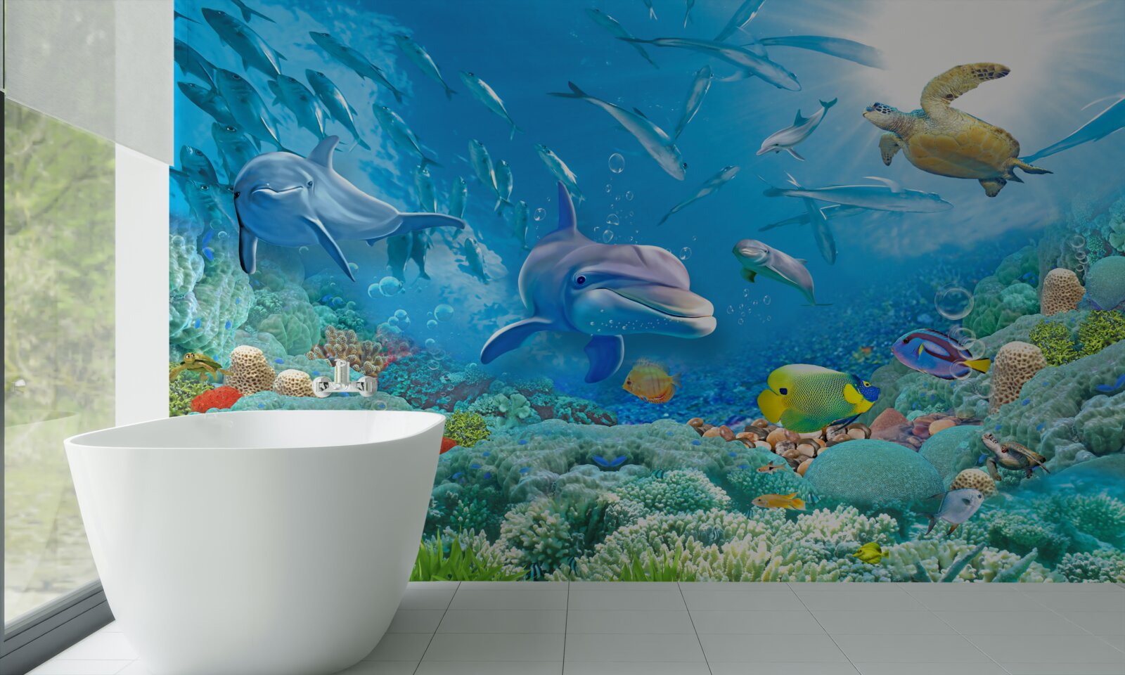 Fototapeten Maritime Königreich mit Fischen, Schildkröten und Delfinen