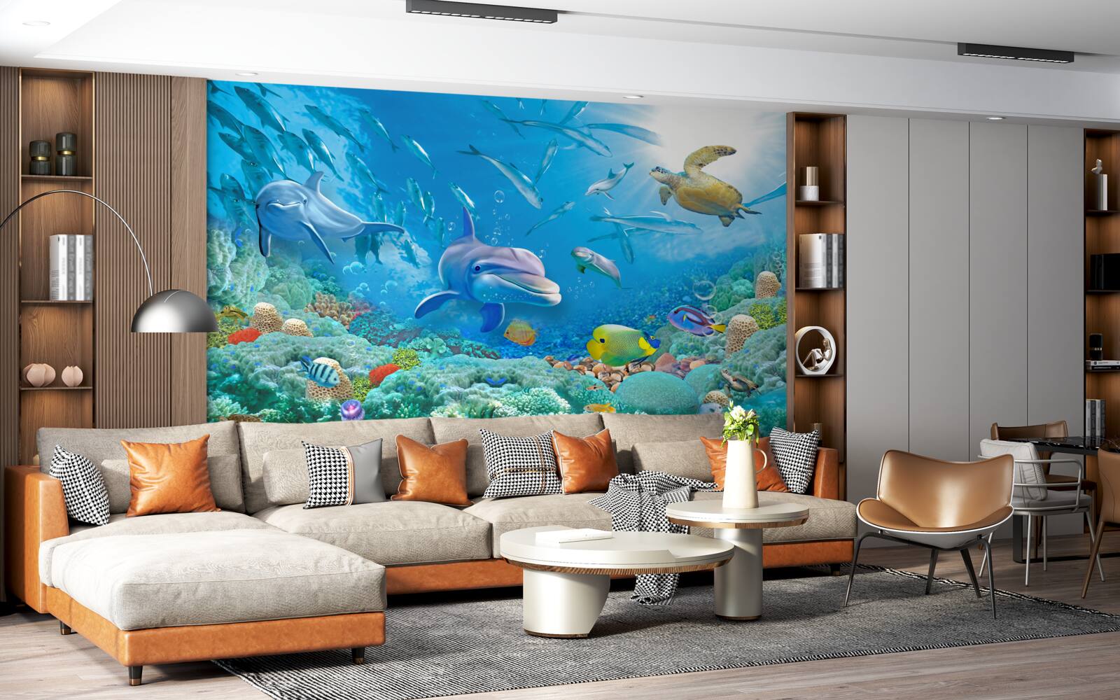 Fototapeten Maritime Königreich mit Fischen, Schildkröten und Delfinen