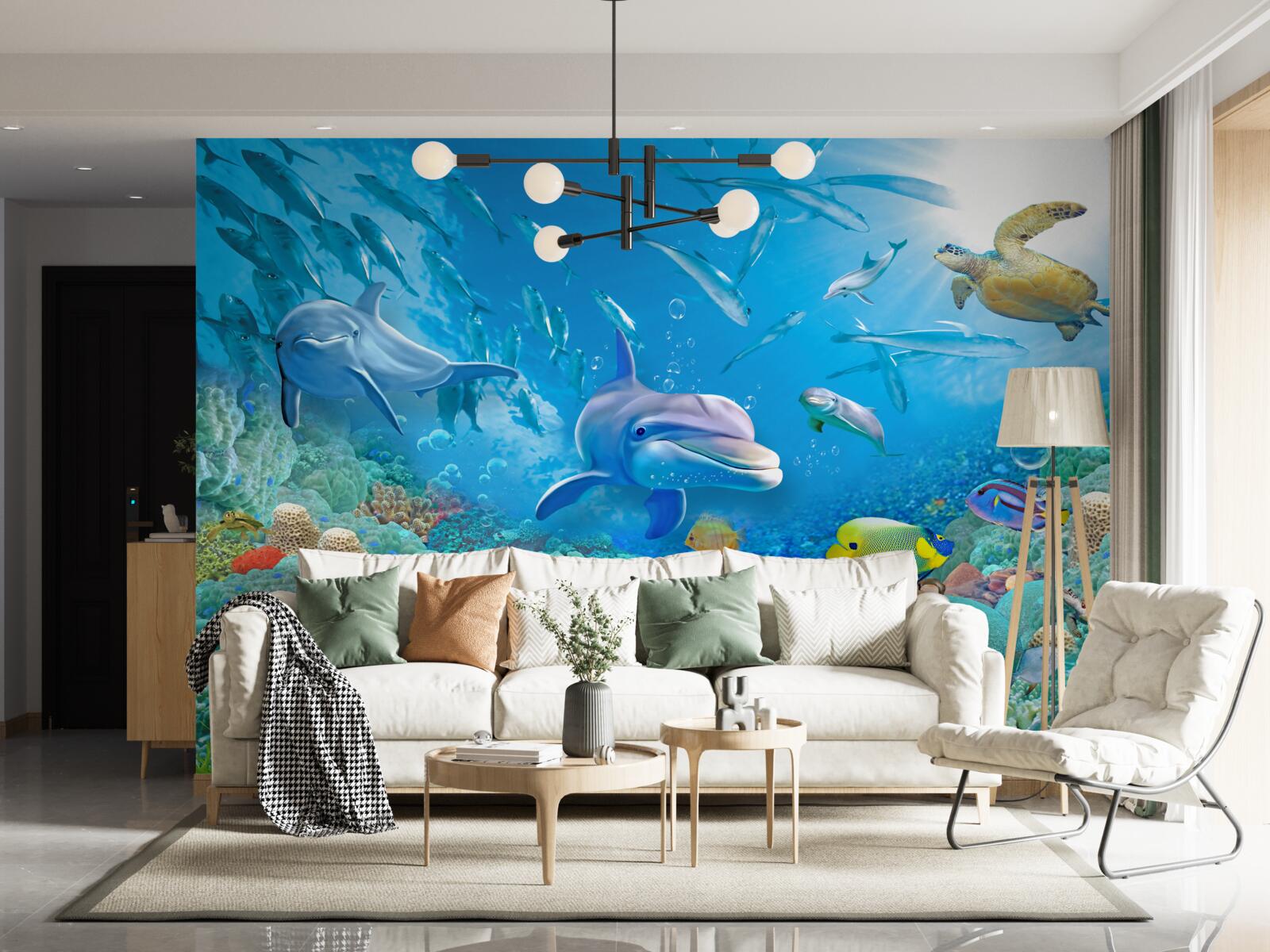 Fototapeten Maritime Königreich mit Fischen, Schildkröten und Delfinen