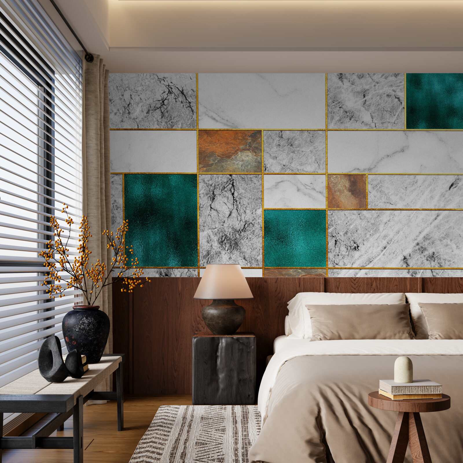 Fototapeten Smaragd verbindet sich mit dem grauen Mosaik