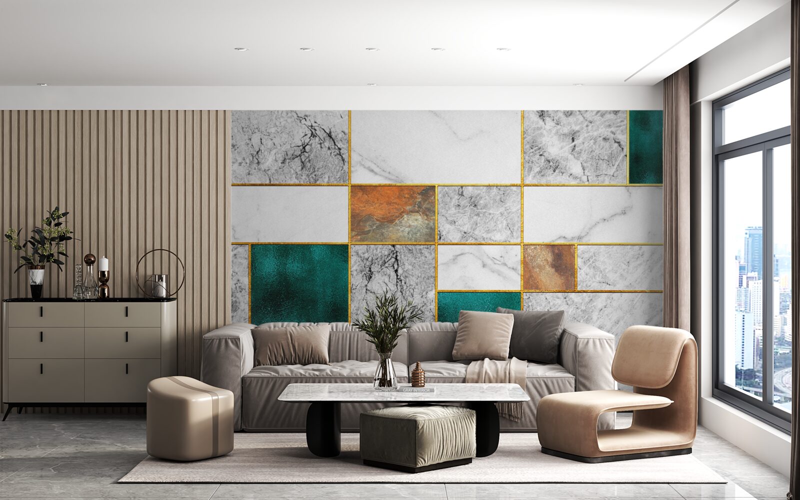 Fototapeten Smaragd verbindet sich mit dem grauen Mosaik