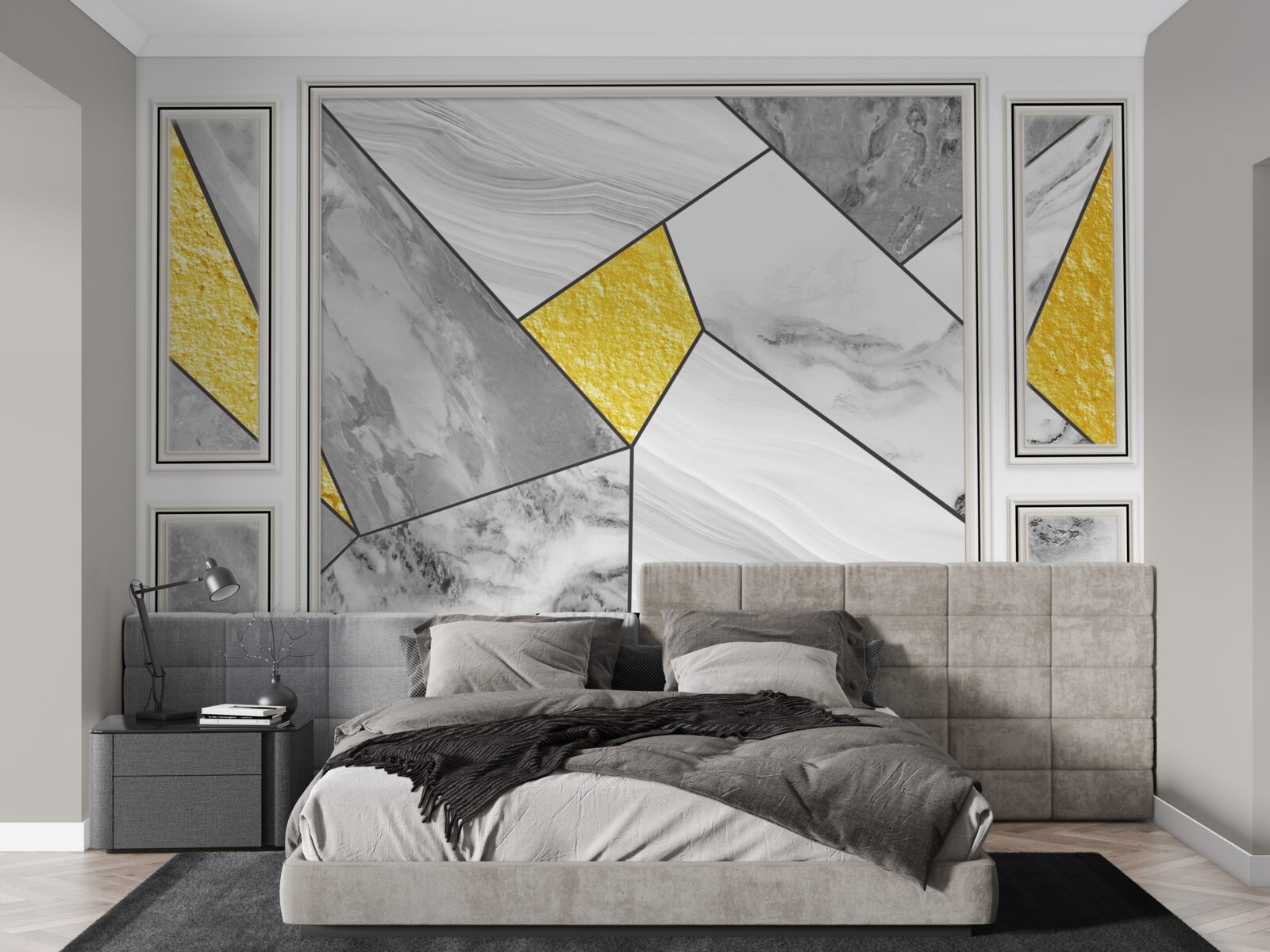 Fototapeten Graues Mosaik mit goldenen Elementen