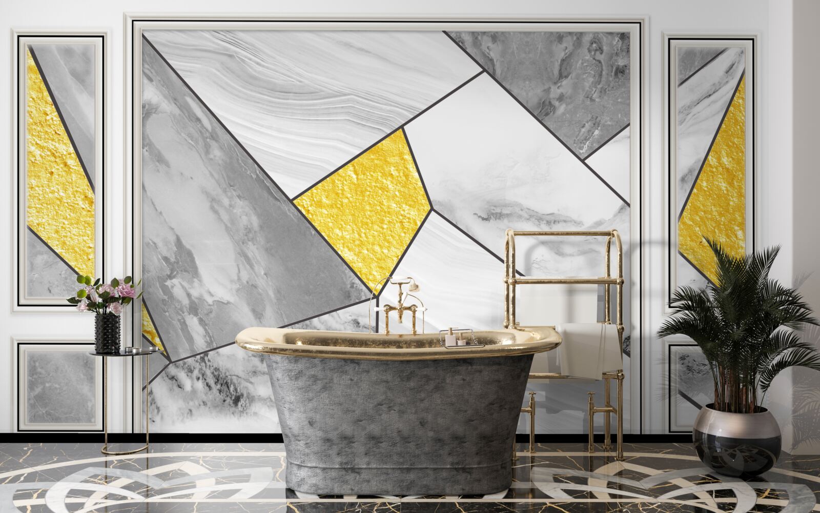 Fototapeten Graues Mosaik mit goldenen Elementen