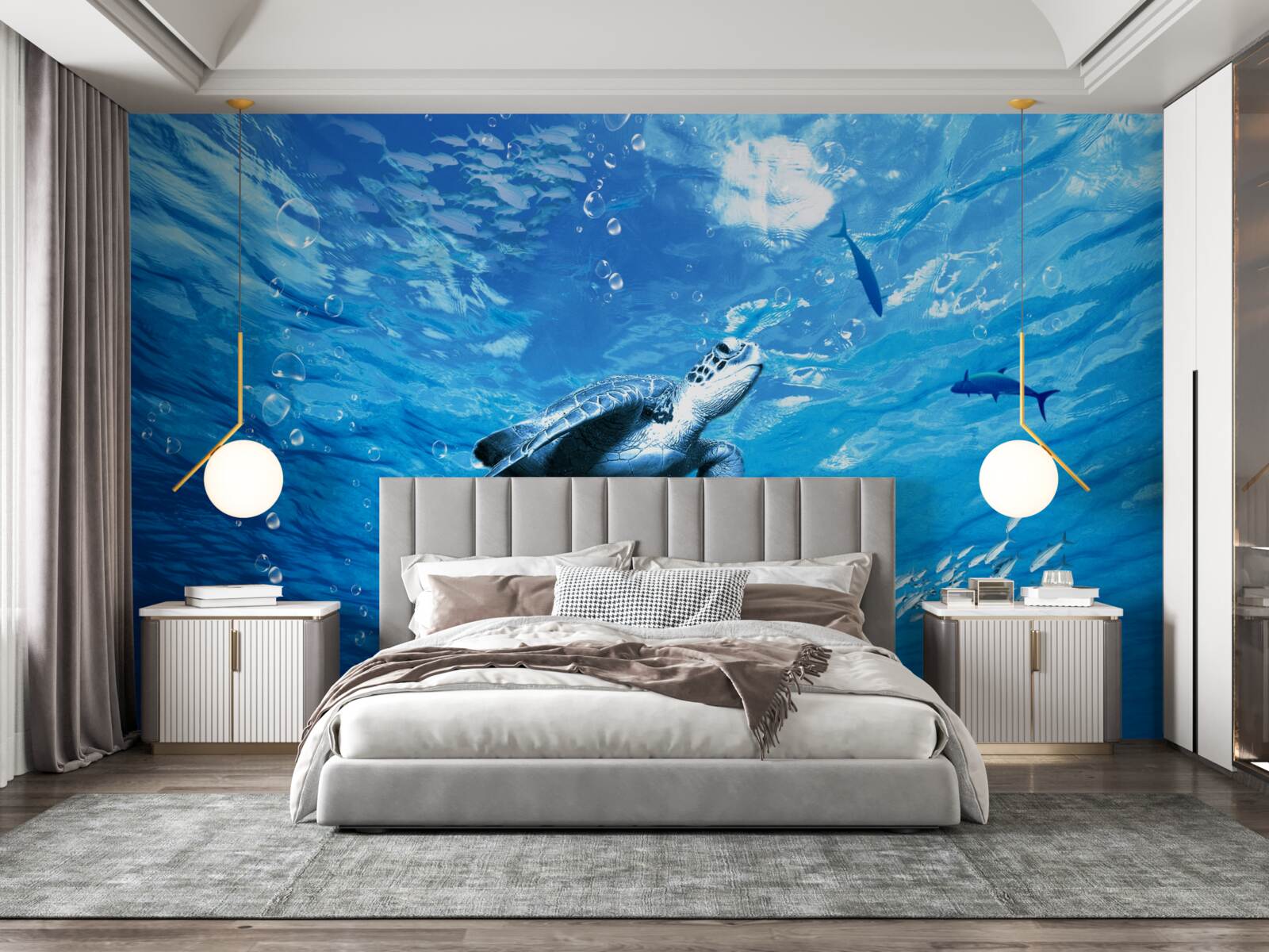Fototapeten Das blaue Meer ist mit einer Meeresschildkröte dekoriert