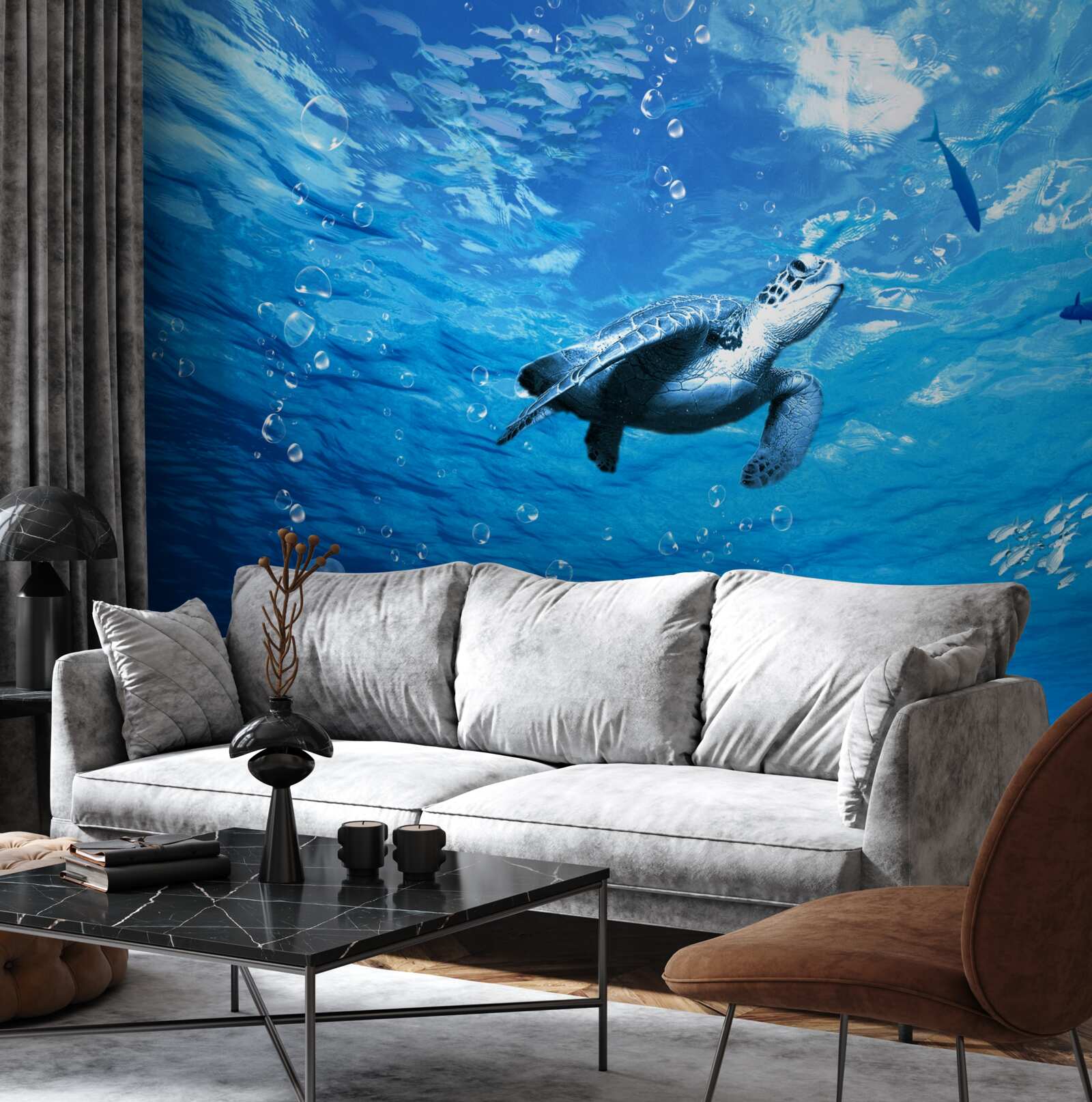 Fototapeten Das blaue Meer ist mit einer Meeresschildkröte dekoriert