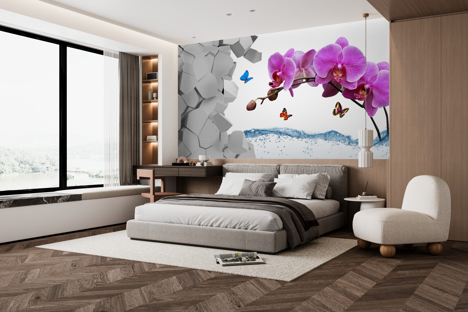 Fototapeten Lila Orchidee und Schmetterlinge an den Zweigen