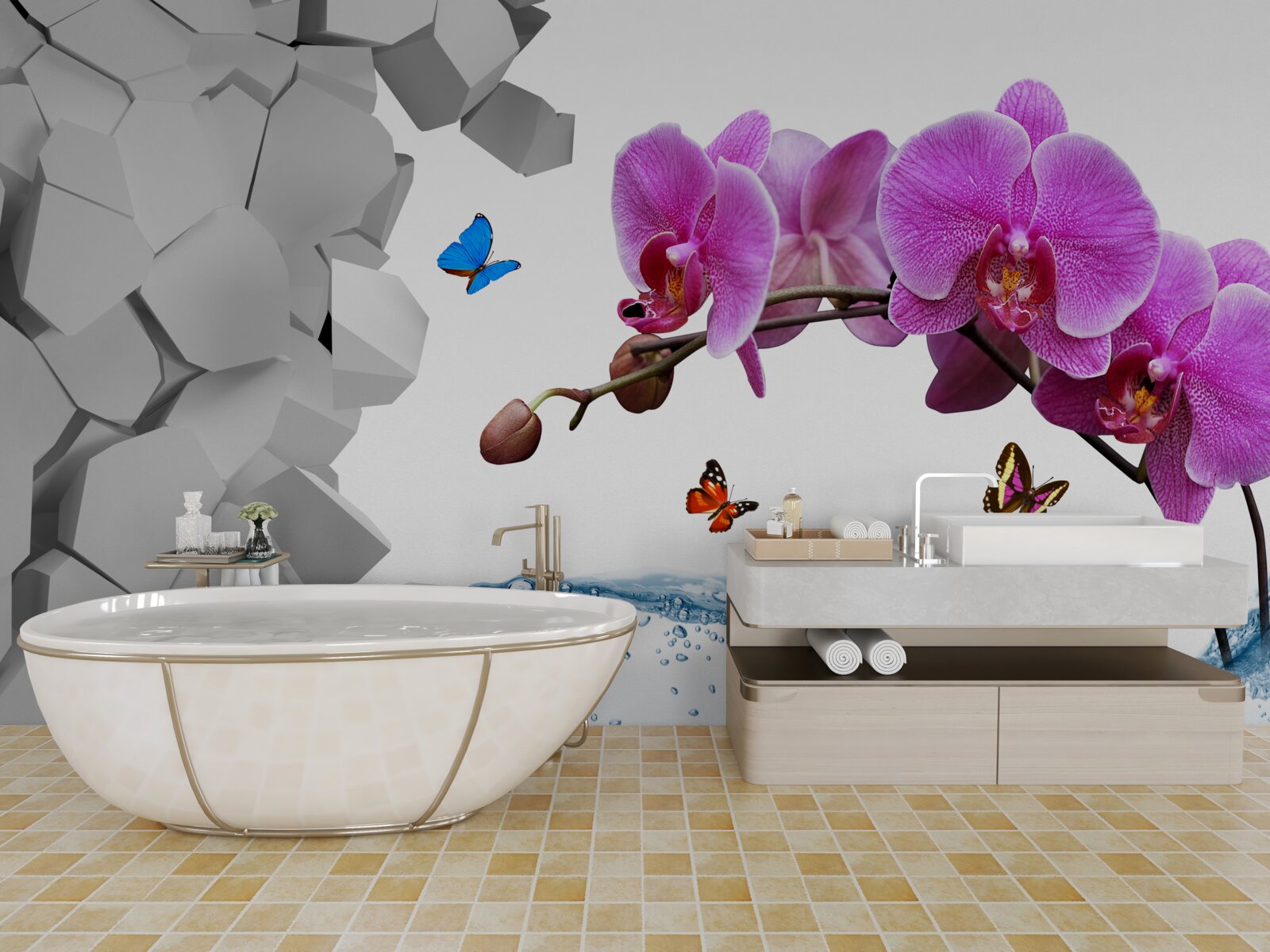 Fototapeten Lila Orchidee und Schmetterlinge an den Zweigen