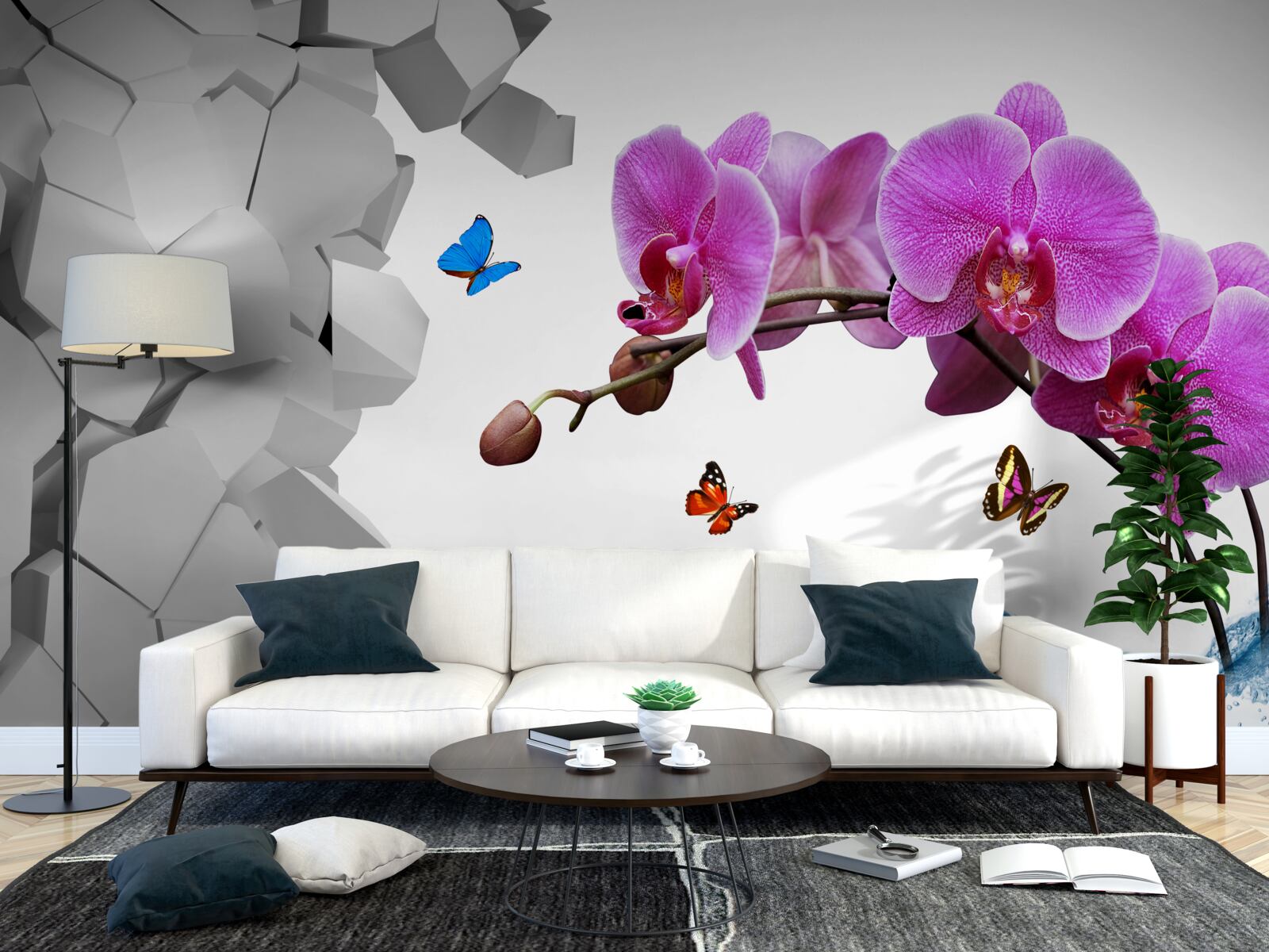 Fototapeten Lila Orchidee und Schmetterlinge an den Zweigen