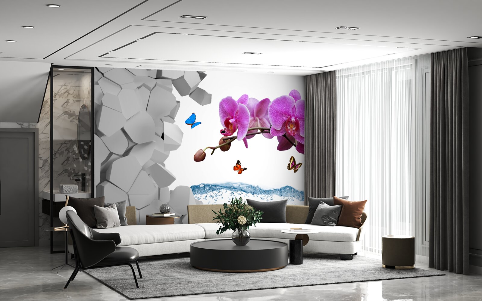 Fototapeten Lila Orchidee und Schmetterlinge an den Zweigen