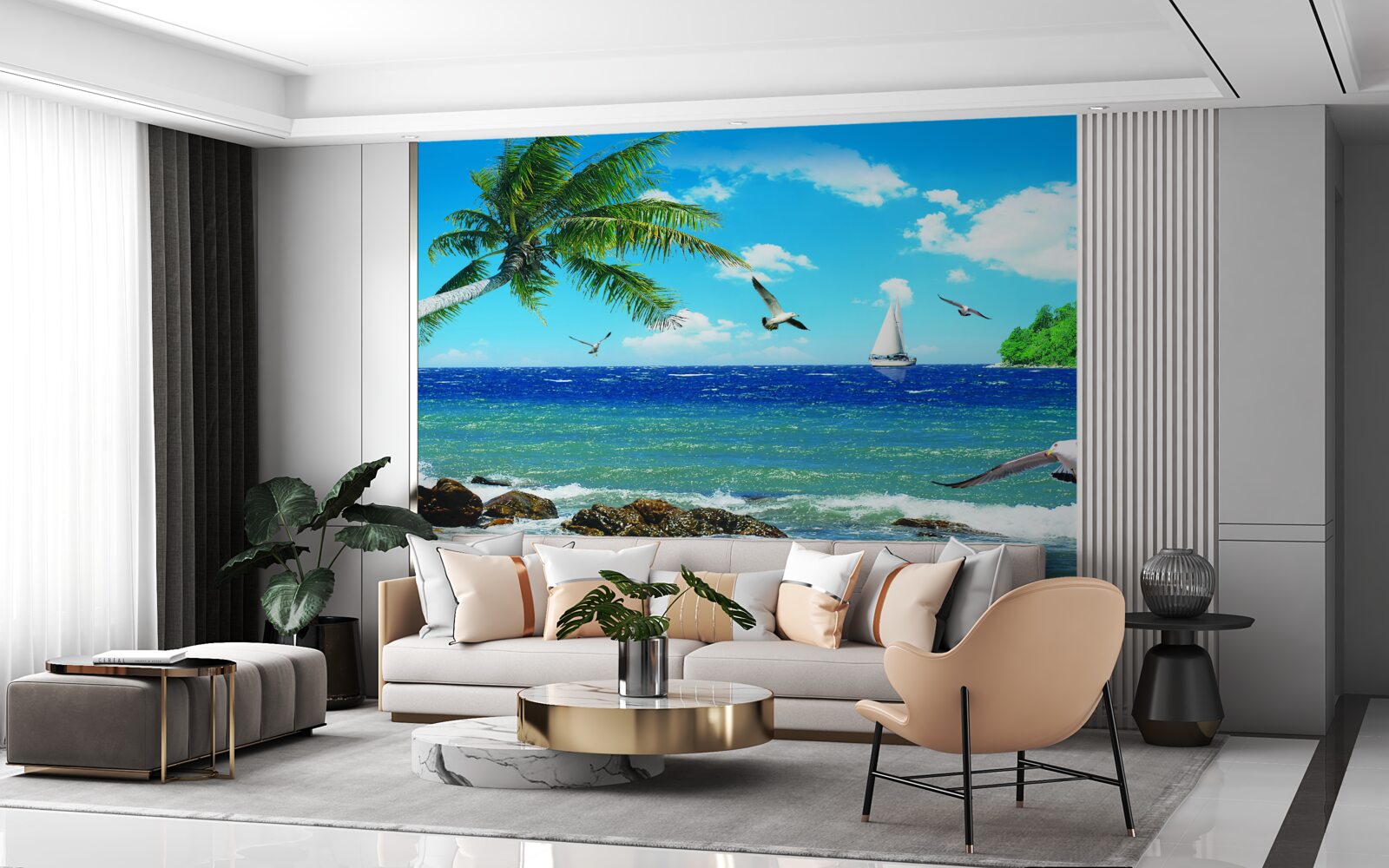 Fototapeten raue Meer und Meeresvögel