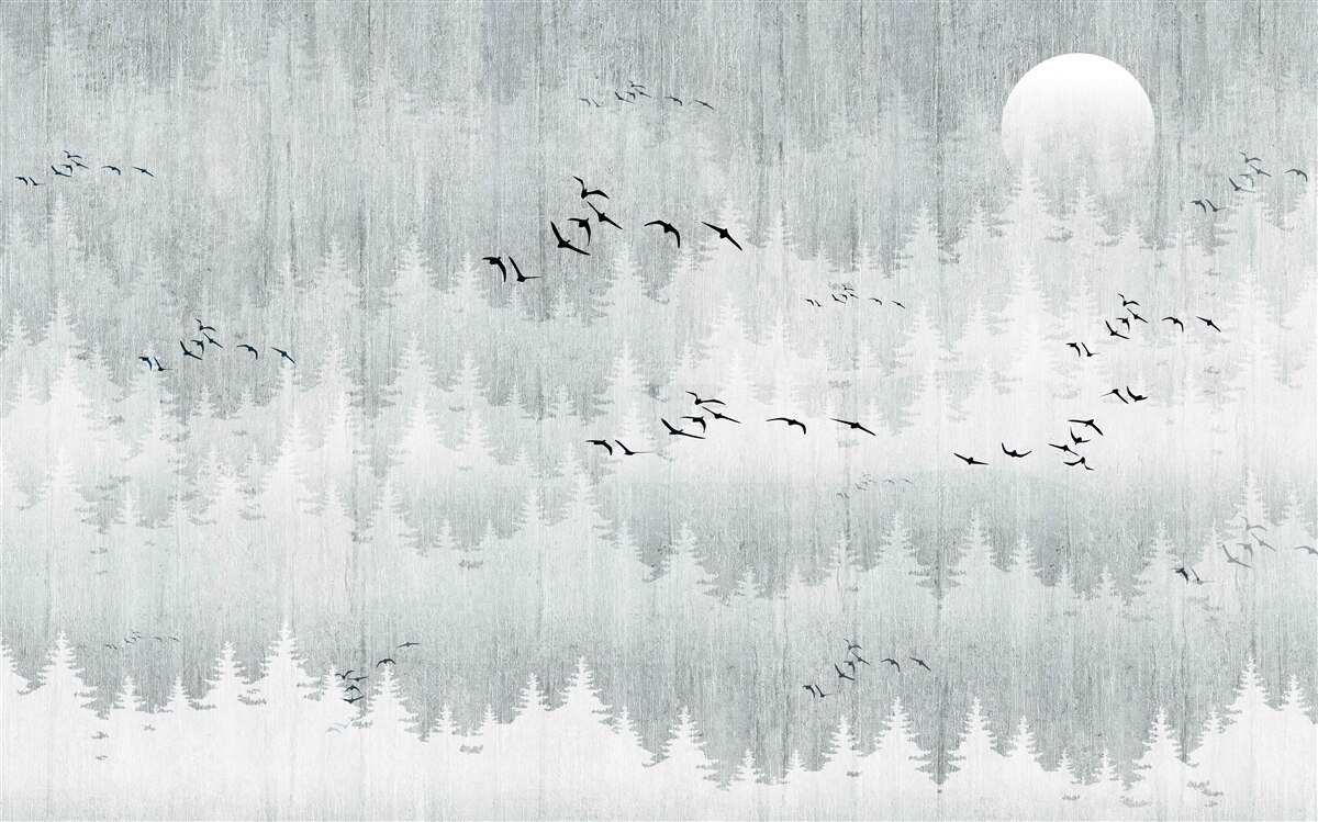 Fototapeten Vögel fliegen über den mit Nebel bedeckten Wald