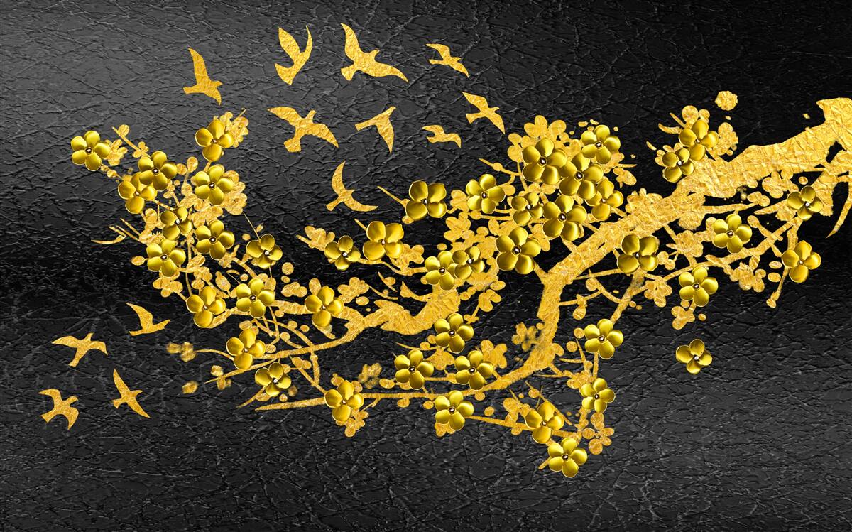 Fototapeten Kleine gelbe Blüten und Vögel