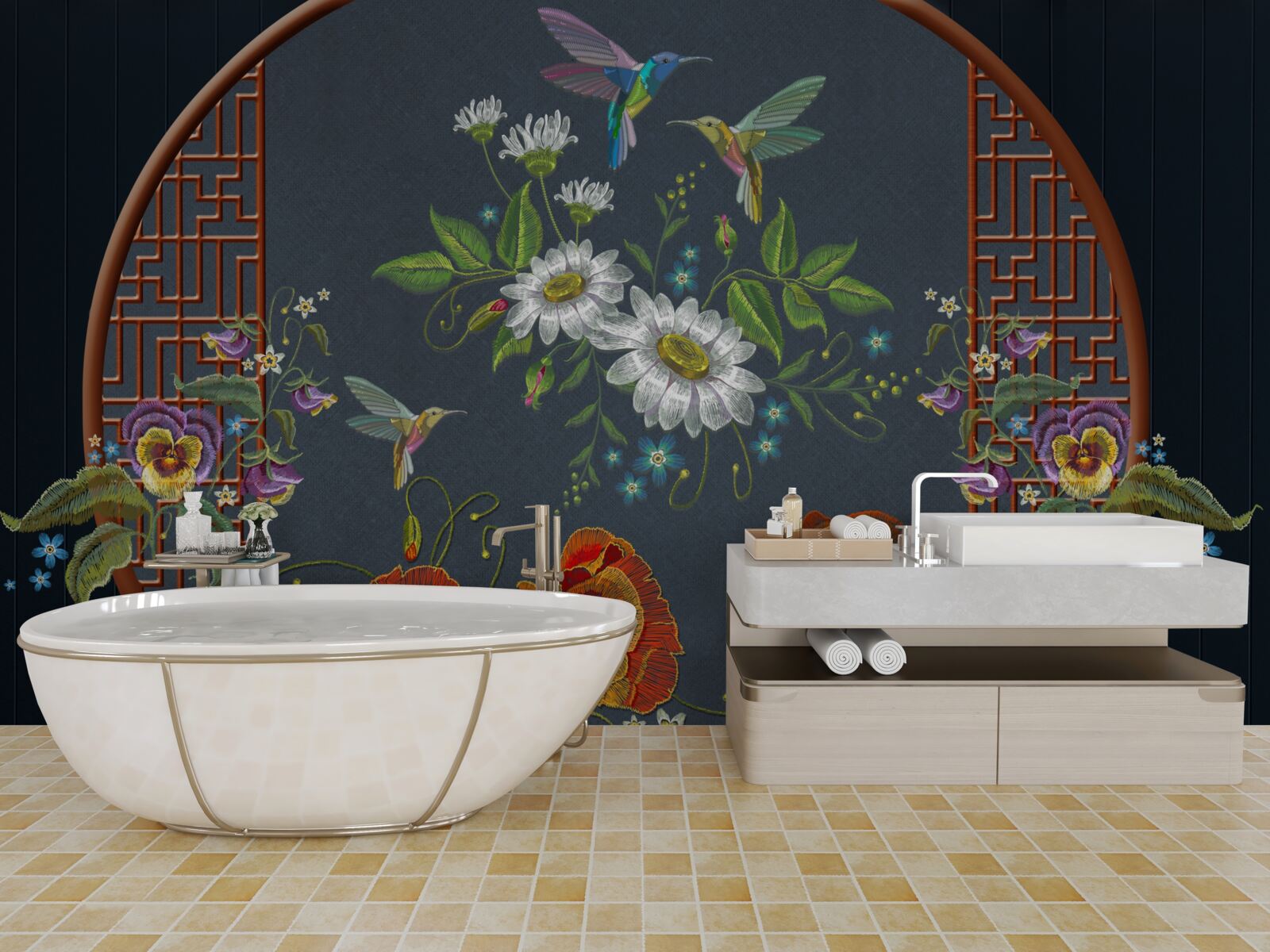 Fototapeten Panel mit Blumen und Collaibers