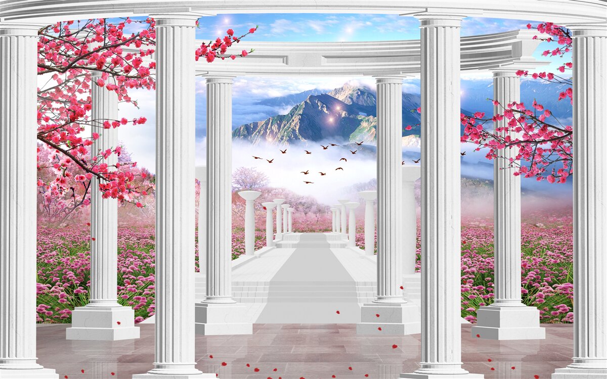 Fototapeten Weißer Pavillon gegen den Hintergrund der untergehenden Sonne, mit Kirschblumen verziert