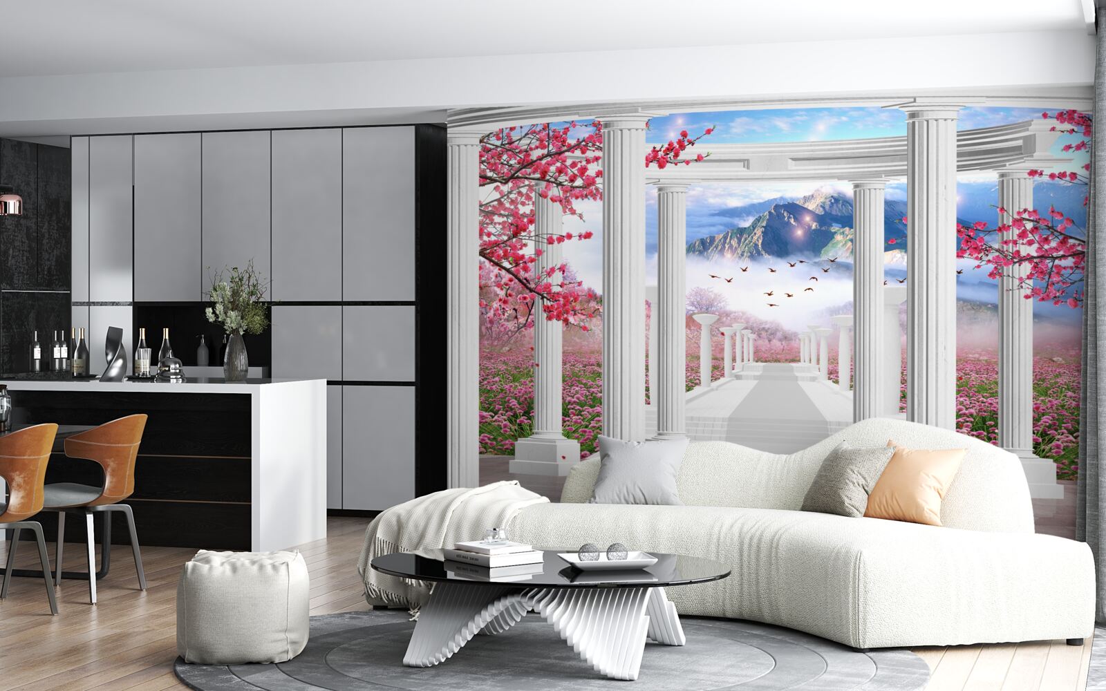 Fototapeten Weißer Pavillon gegen den Hintergrund der untergehenden Sonne, mit Kirschblumen verziert