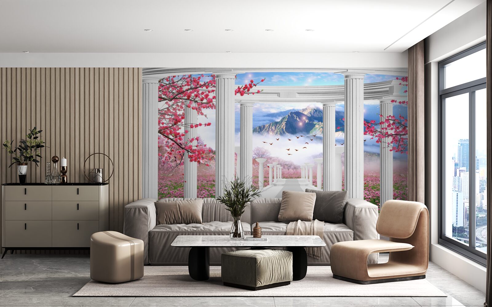 Fototapeten Weißer Pavillon gegen den Hintergrund der untergehenden Sonne, mit Kirschblumen verziert