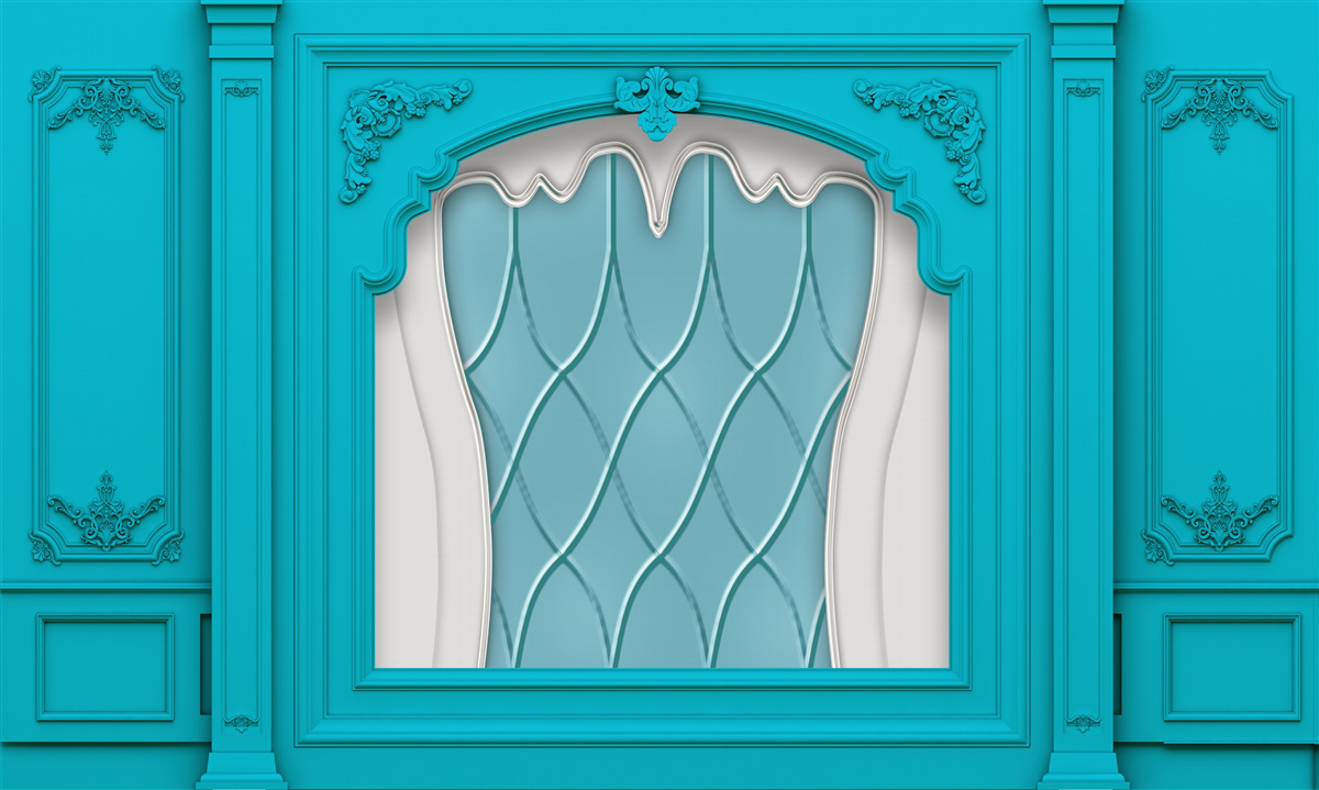 Fototapeten Fenster mit blauem Buntglas
