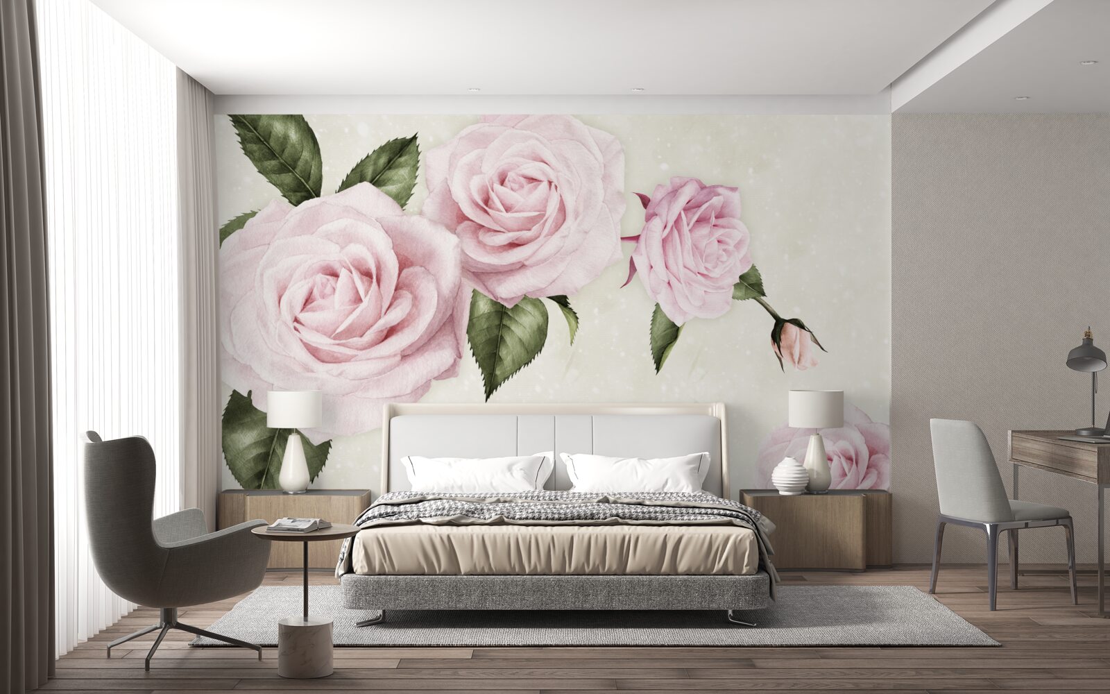 Fototapeten subtile rosa Rosen auf einem weißen Hintergrund