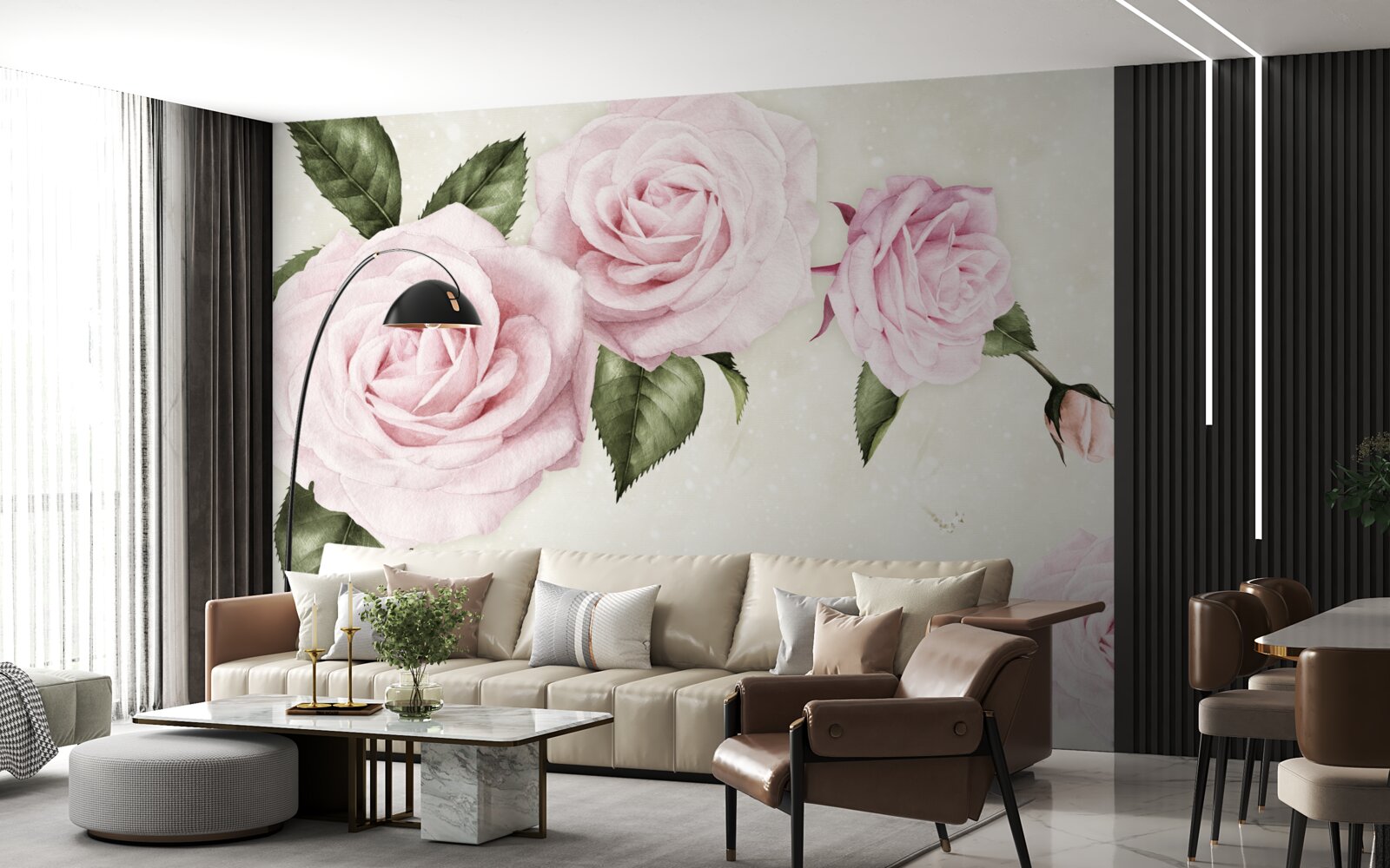 Fototapeten subtile rosa Rosen auf einem weißen Hintergrund