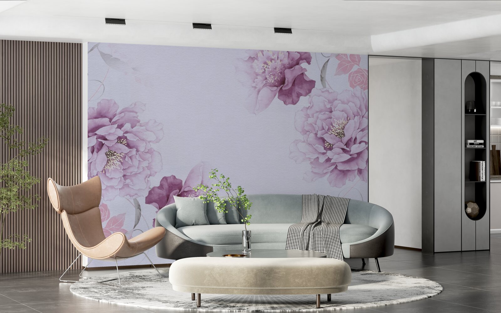 Fototapeten Große lila Blüten auf grauem Hintergrund