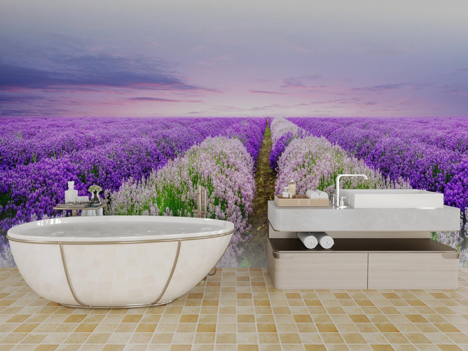 Fototapeten Feld mit einem duftenden Lavendel in den Wiesen